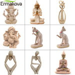 ERMAKOVA Sandstone Ganesha Figurine Buddha Meditation Thinker Sculpture Egyptian Cat Statue